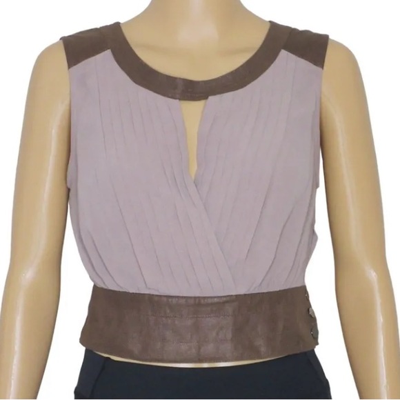 Double Zero Pleated Cross Front And Back Suede Leather Trim Crop Top - Picture 11 of 12